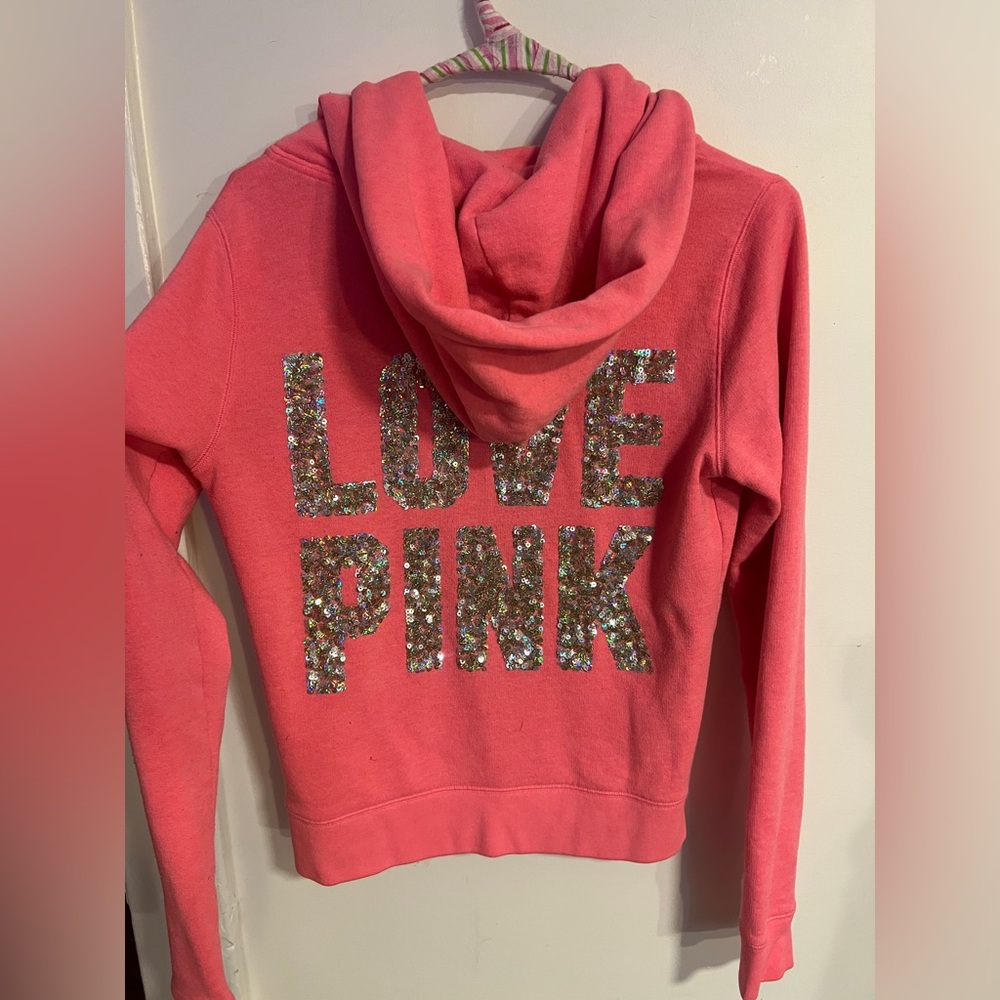 2010s Victoria's Secret Pink hoodie with sequin “love pink” spell-out.